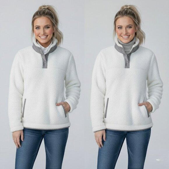 NWT Eddie Bauer Sherpa Fleece Pullover Coconut Milk & Frost Gray Snap-Neck, Sz M - Picture 8 of 16